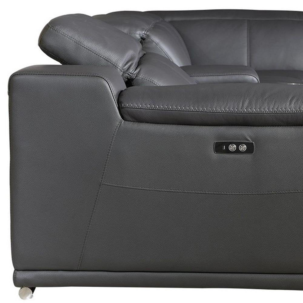 Gray Italian Leather Power Reclining U Shaped Eight Piece Corner Sectional with Console