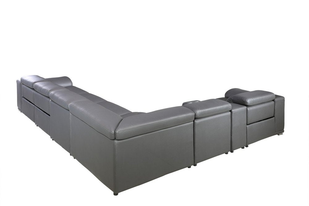 Gray Italian Leather Power Reclining U Shaped Eight Piece Corner Sectional with Console
