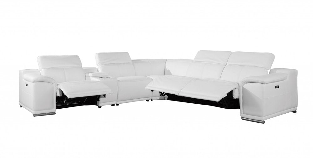 White Italian Leather Power Reclining U Shaped Six Piece Corner Sectional with Console