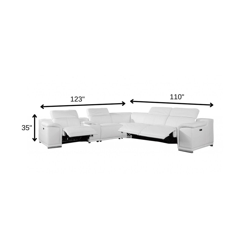 White Italian Leather Power Reclining U Shaped Six Piece Corner Sectional with Console