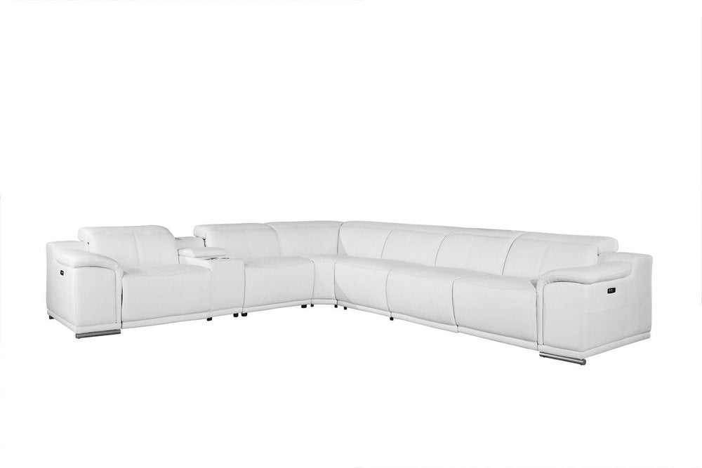 White Italian Leather Power Reclining U Shaped Seven Piece Corner Sectional with Console