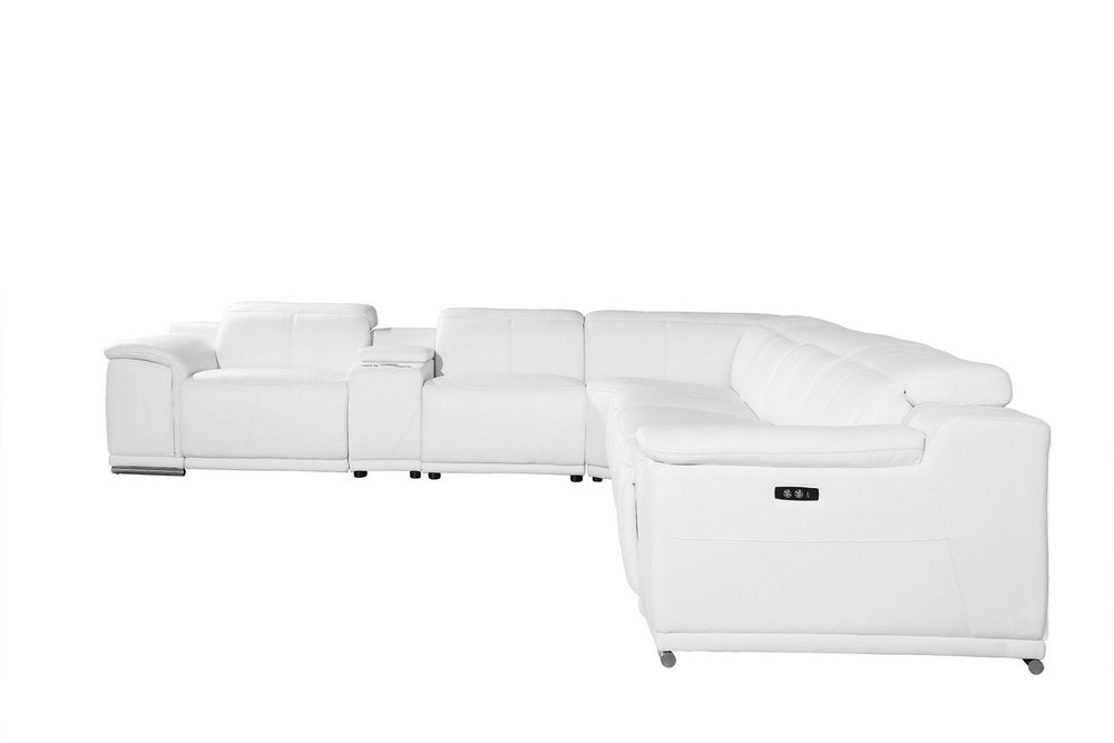 White Italian Leather Power Reclining U Shaped Seven Piece Corner Sectional with Console