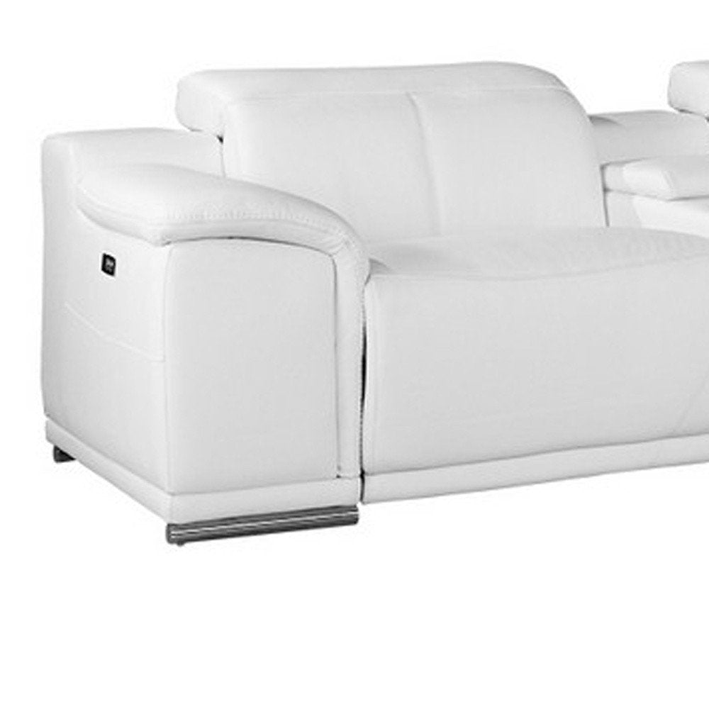 White Italian Leather Power Reclining U Shaped Seven Piece Corner Sectional with Console