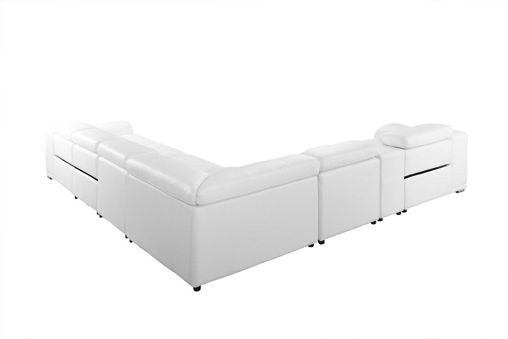 White Italian Leather Power Reclining U Shaped Seven Piece Corner Sectional with Console