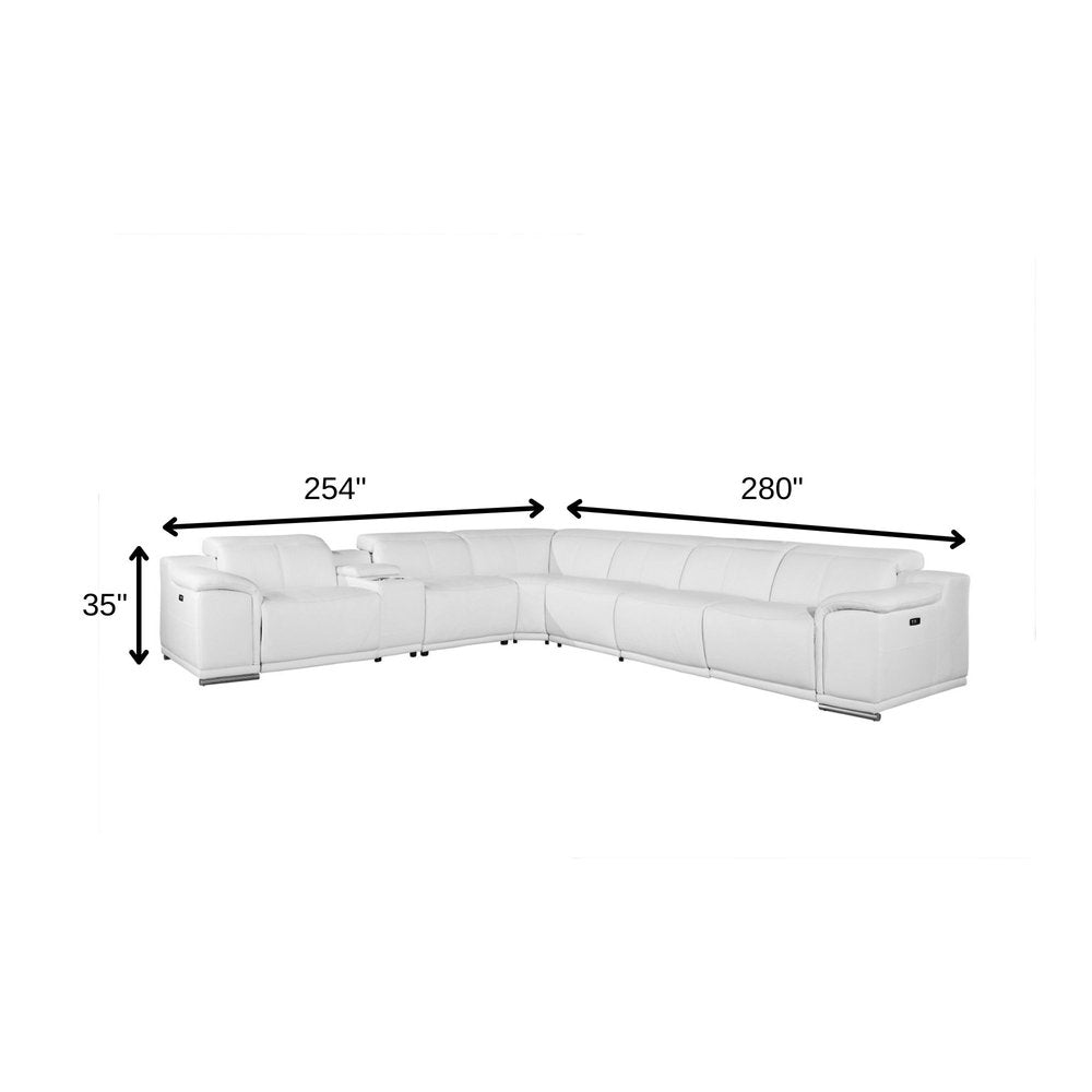 White Italian Leather Power Reclining U Shaped Seven Piece Corner Sectional with Console