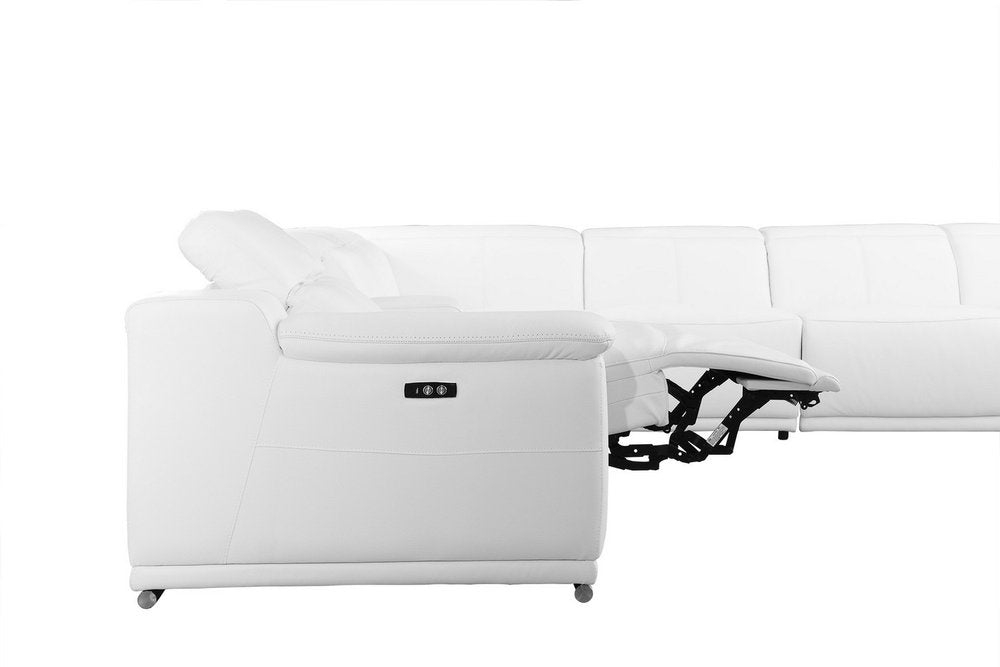 White Italian Leather Power Reclining U Shaped Eight Piece Corner Sectional with Console