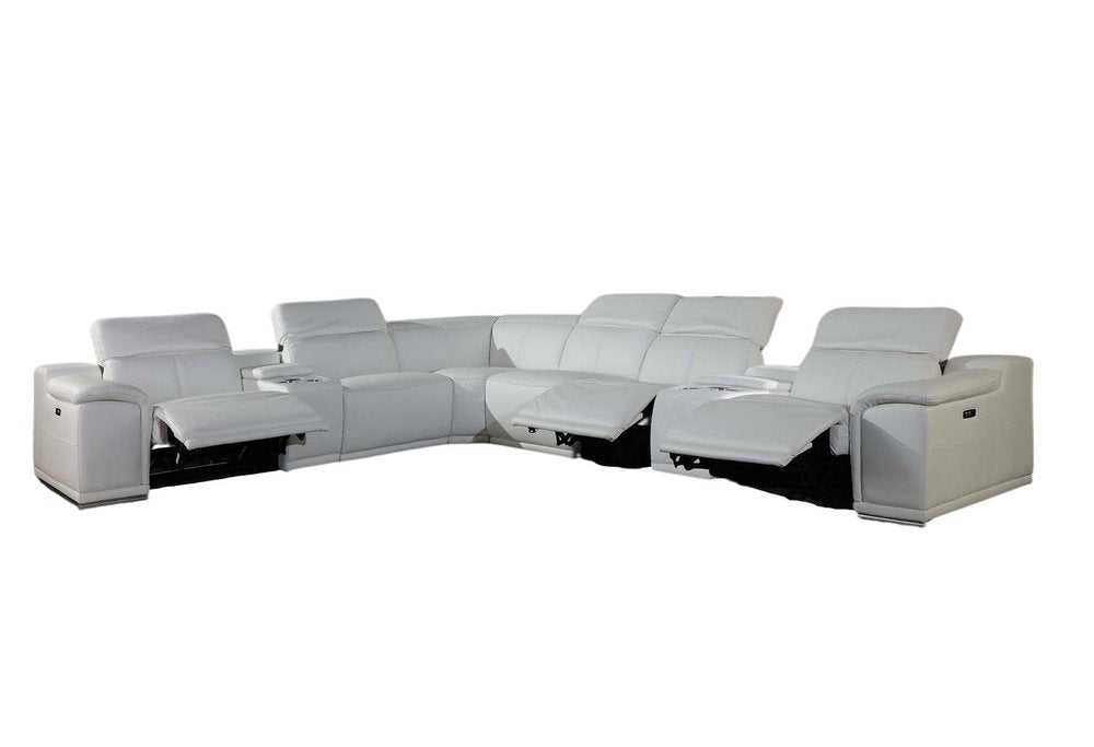 White Italian Leather Power Reclining U Shaped Eight Piece Corner Sectional with Console