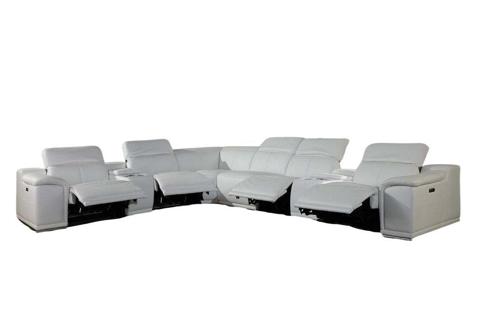 White Italian Leather Power Reclining U Shaped Eight Piece Corner Sectional with Console