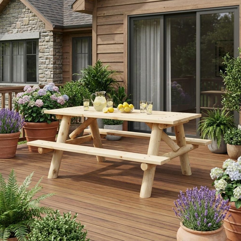 Natural Solid Wood Outdoor Picnic Table - 70-inch