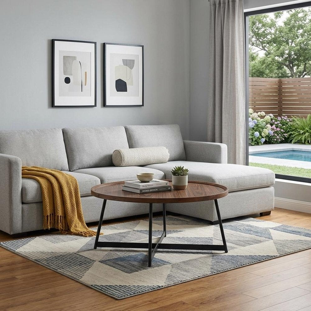 Brown and Black Wood and Metal Round Frame Coffee Table - 35-inch