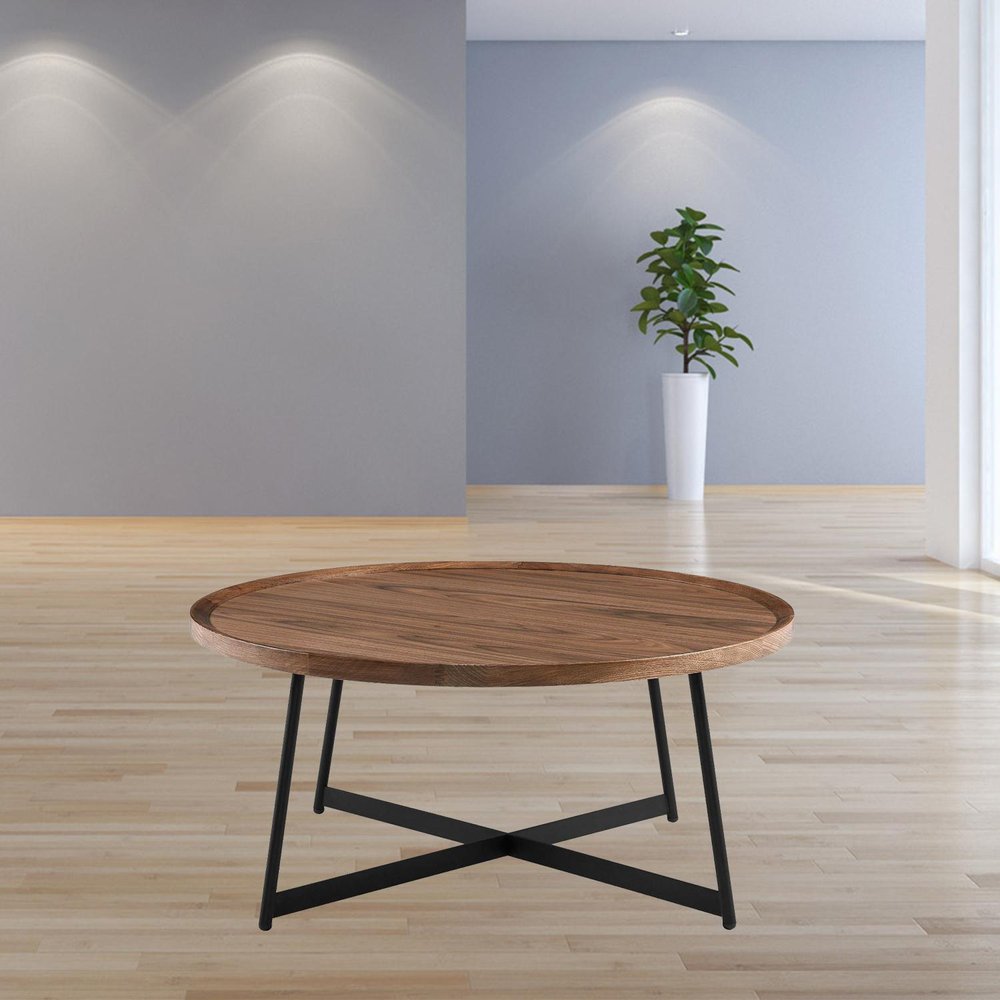 Brown and Black Wood and Metal Round Frame Coffee Table - 35-inch