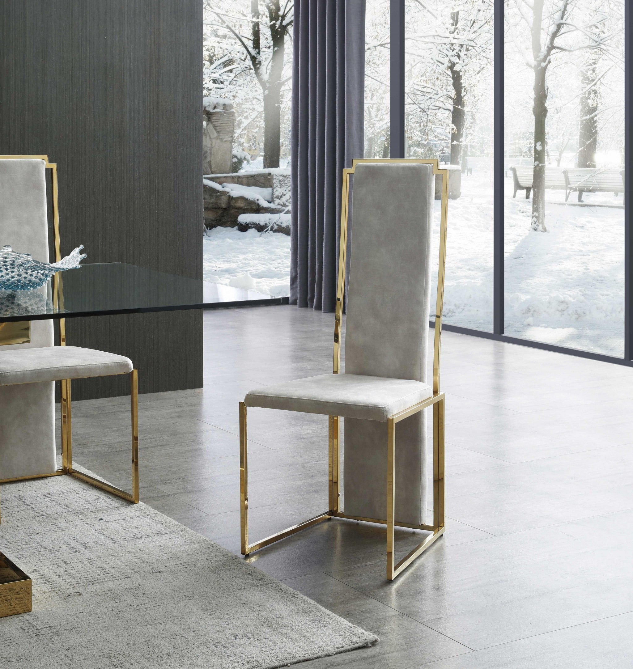 Set of Two Beige and Gold Upholstered Dining Side Chairs