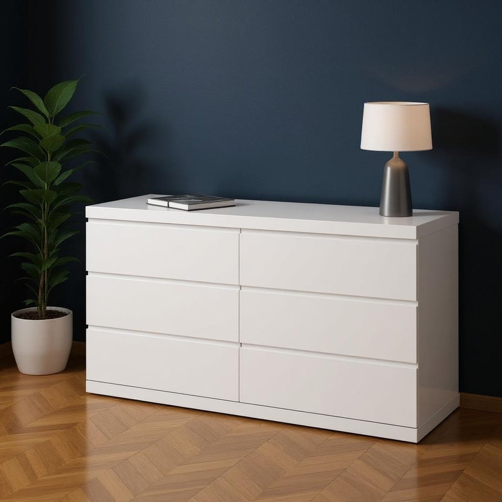 White Solid Wood Six Drawer Double Dresser - 63-inch