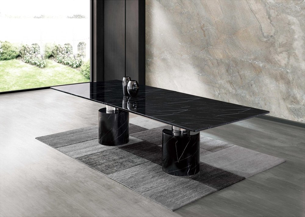 Black Marble Double Pedestal Base Dining Table - 120-inch