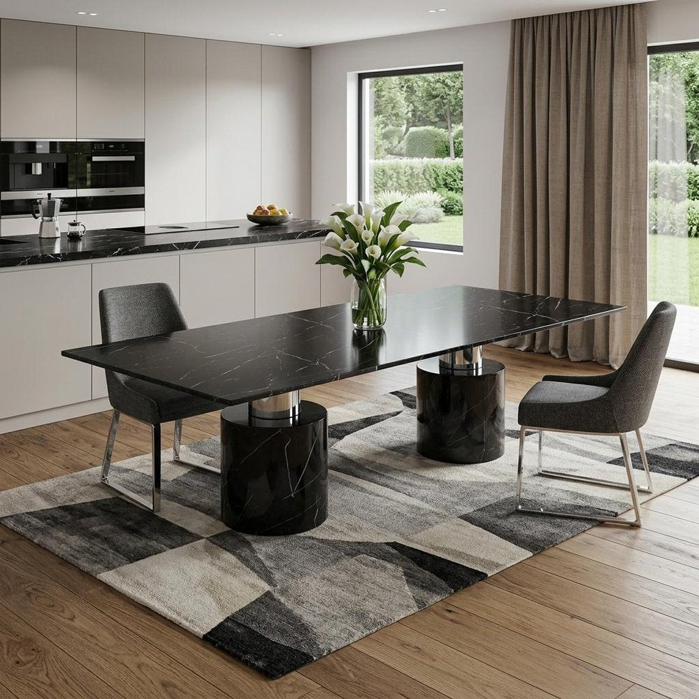 Black Marble Double Pedestal Base Dining Table - 120-inch