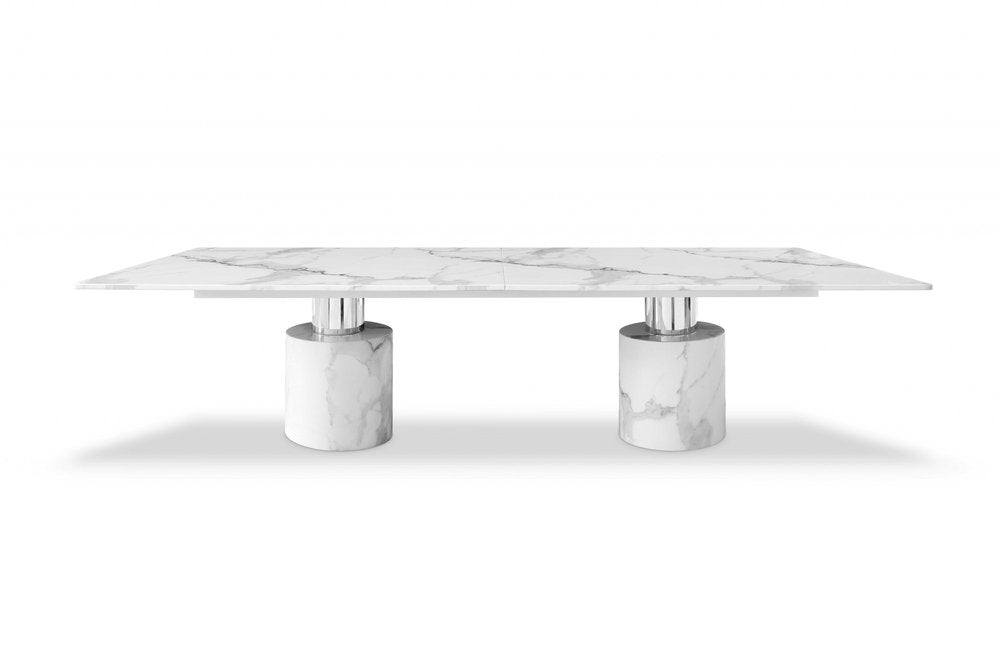 White Marble Double Pedestal Base Dining Table - 120-inch