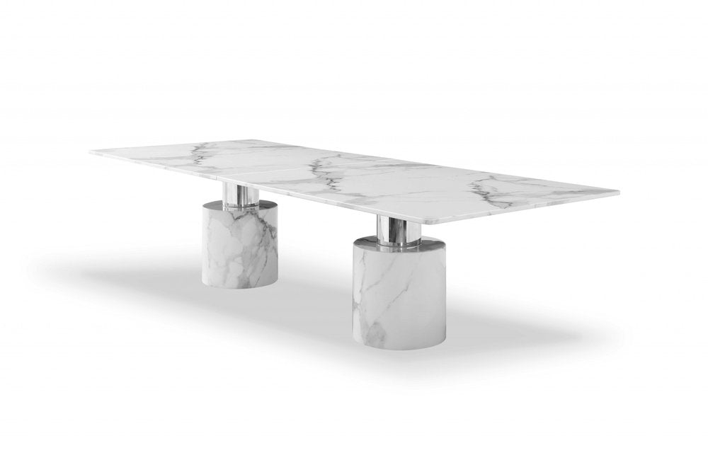 White Marble Double Pedestal Base Dining Table - 120-inch