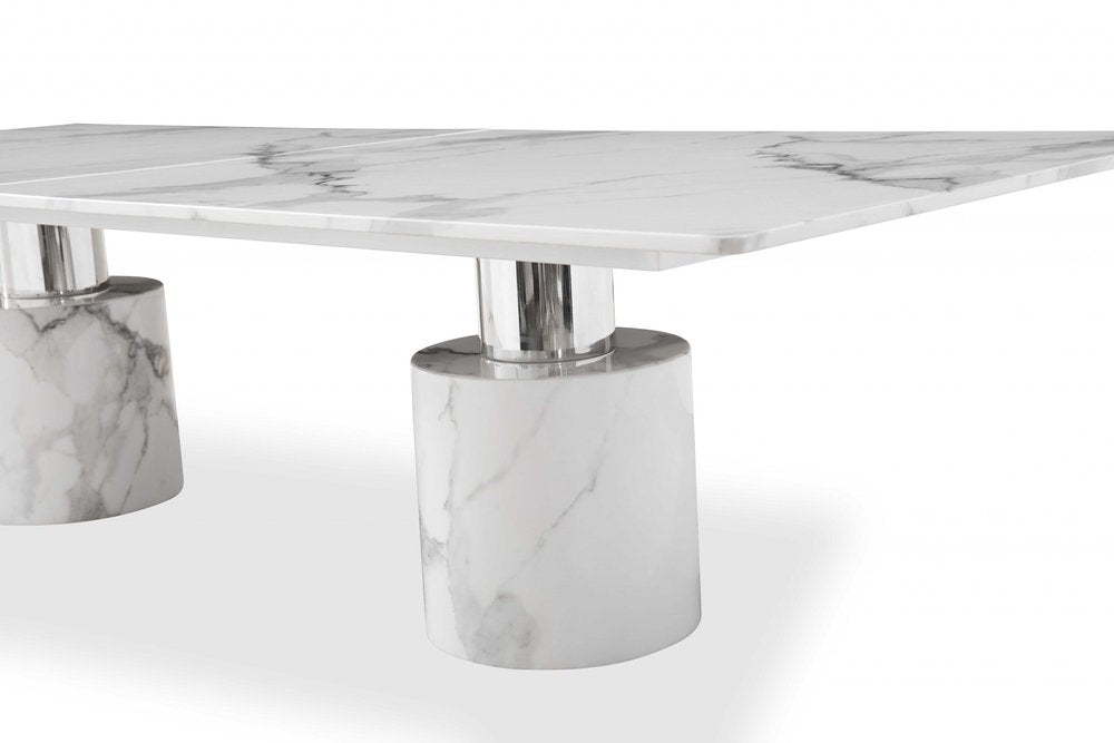 White Marble Double Pedestal Base Dining Table - 120-inch