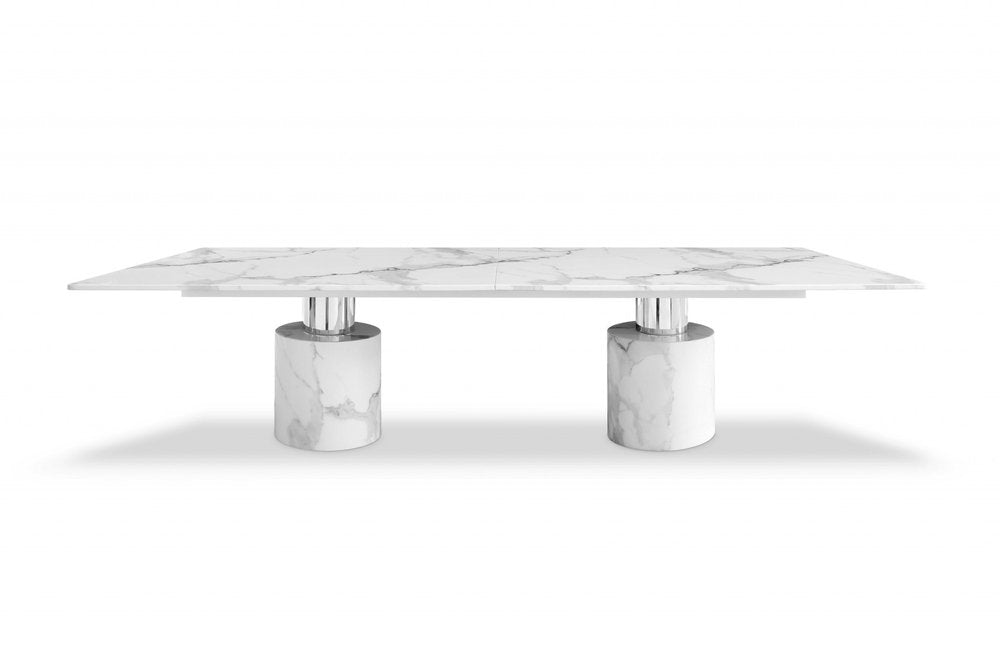 White Marble Double Pedestal Base Dining Table - 120-inch