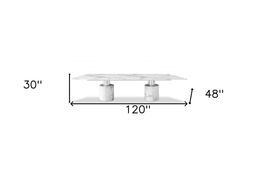 White Marble Double Pedestal Base Dining Table - 120-inch