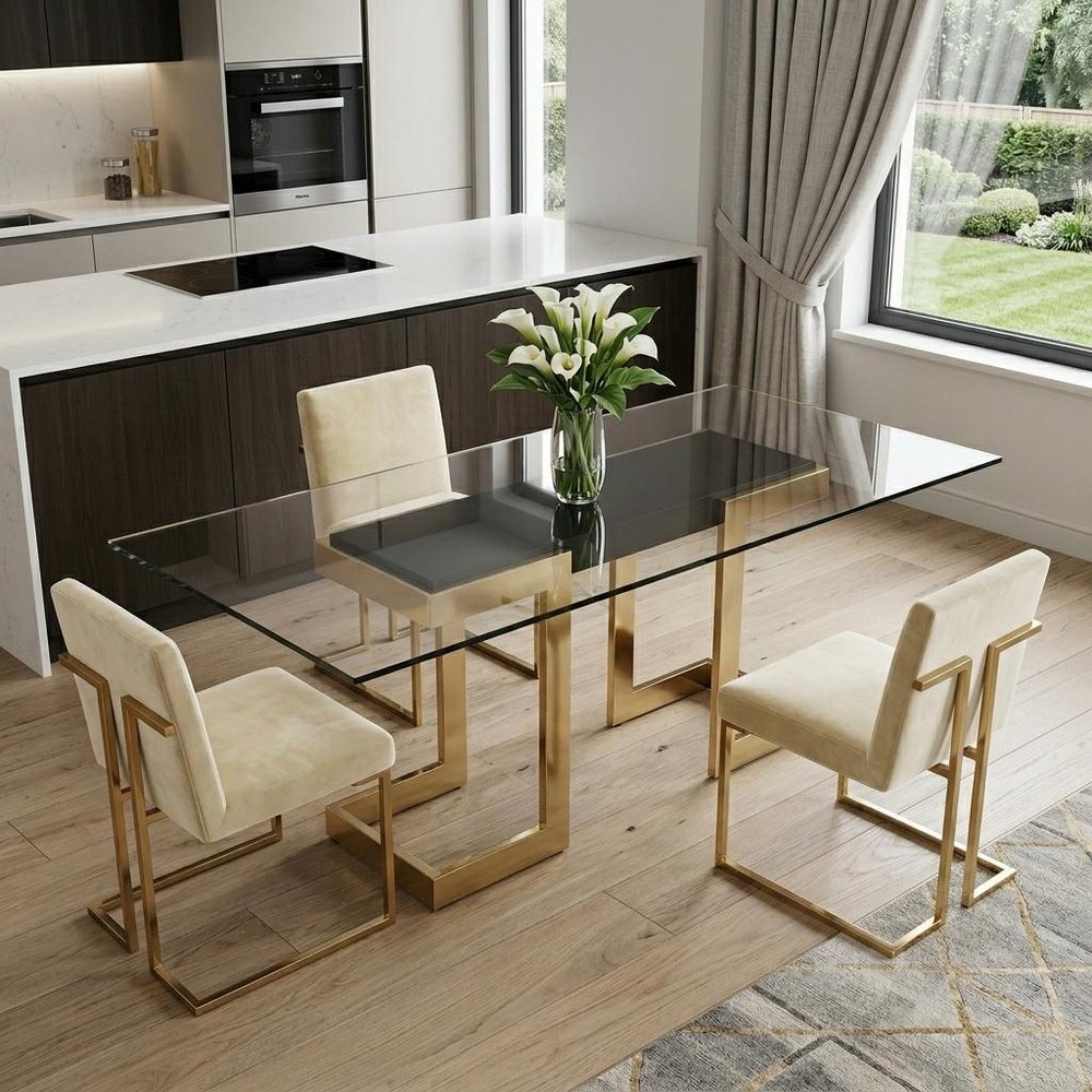 Clear and Gold Glass and Stainless Steel Double Pedestal Base Dining Table