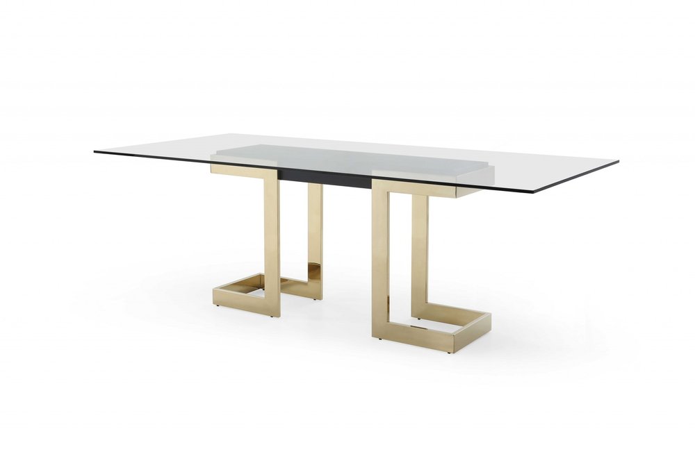 Clear and Gold Glass and Stainless Steel Double Pedestal Base Dining Table