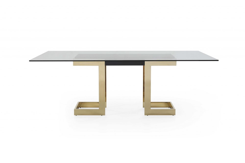 Clear and Gold Glass and Stainless Steel Double Pedestal Base Dining Table