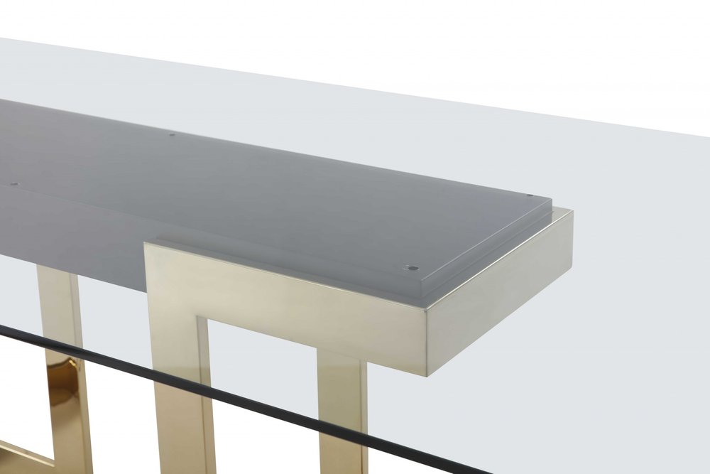 Clear and Gold Glass and Stainless Steel Double Pedestal Base Dining Table