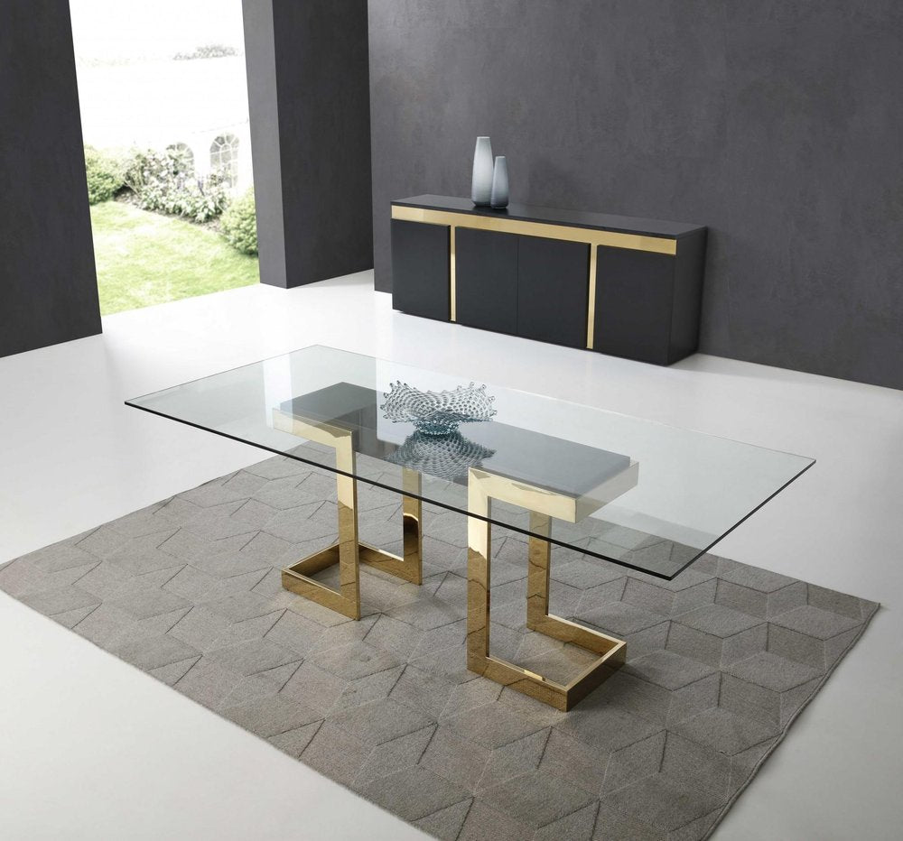 Clear and Gold Glass and Stainless Steel Double Pedestal Base Dining Table