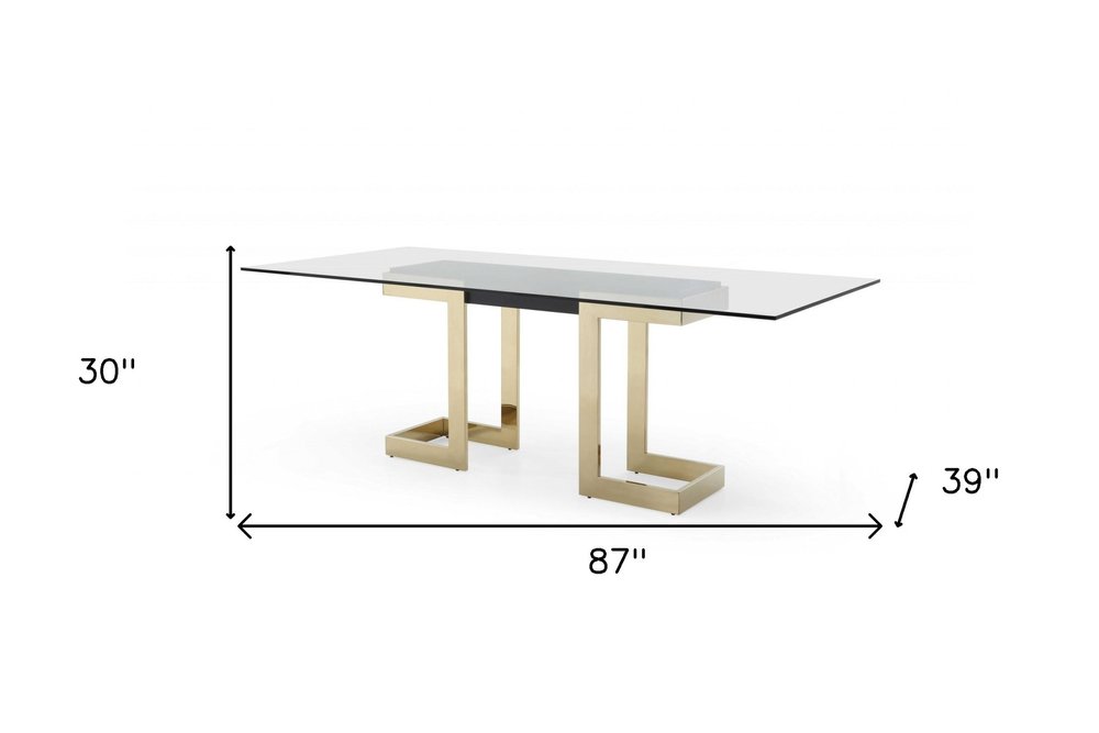 Clear and Gold Glass and Stainless Steel Double Pedestal Base Dining Table