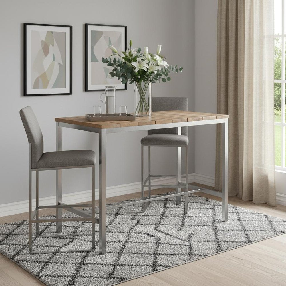 Wood Brown and Silver Solid Wood and Stainless Steel Dining Table - 55-inch