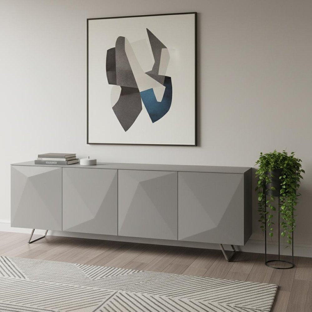 Gray Wood and Glass Carved Geometric Sideboard - 94-inch