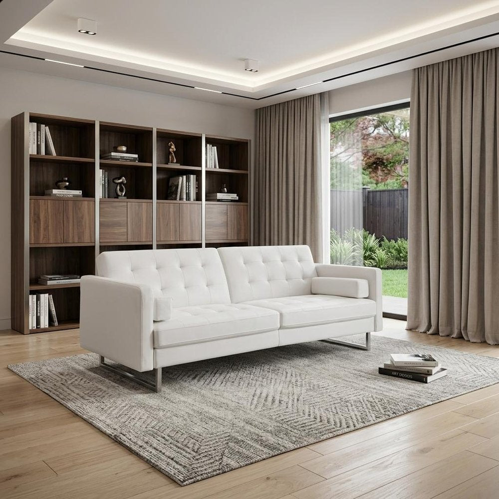 White Faux Leather Sleeper Sofa with Silver Legs - 80-inch