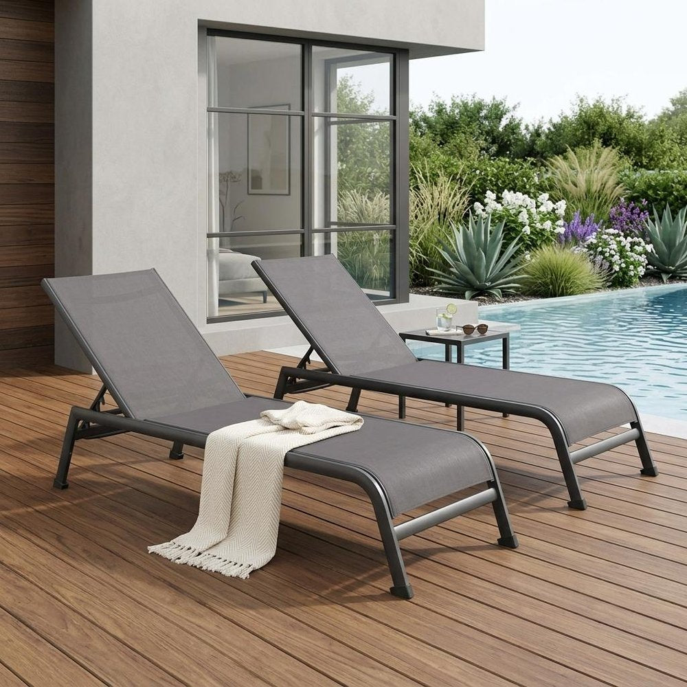 Set of Two 23 Taupe Metal Outdoor Chaise Lounge