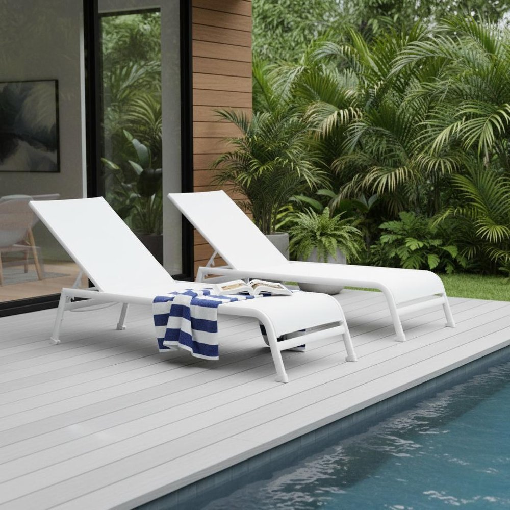 Set of Two 23 White and Chrome Indoor Outdoor Chaise Lounge