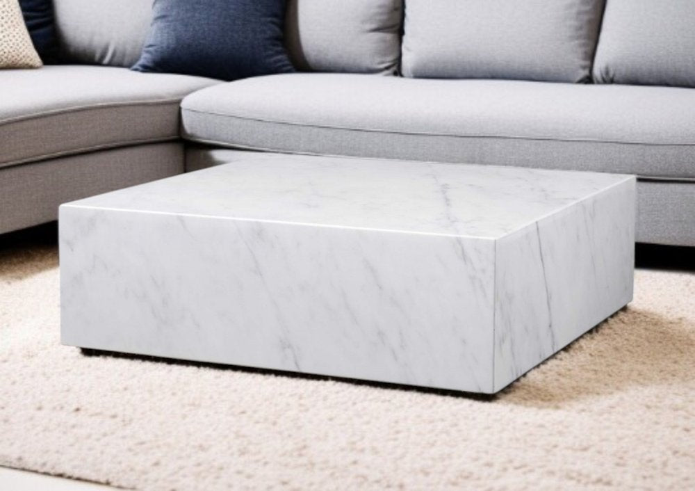 White Genuine Marble and Brass Square Coffee Table - 35-inch