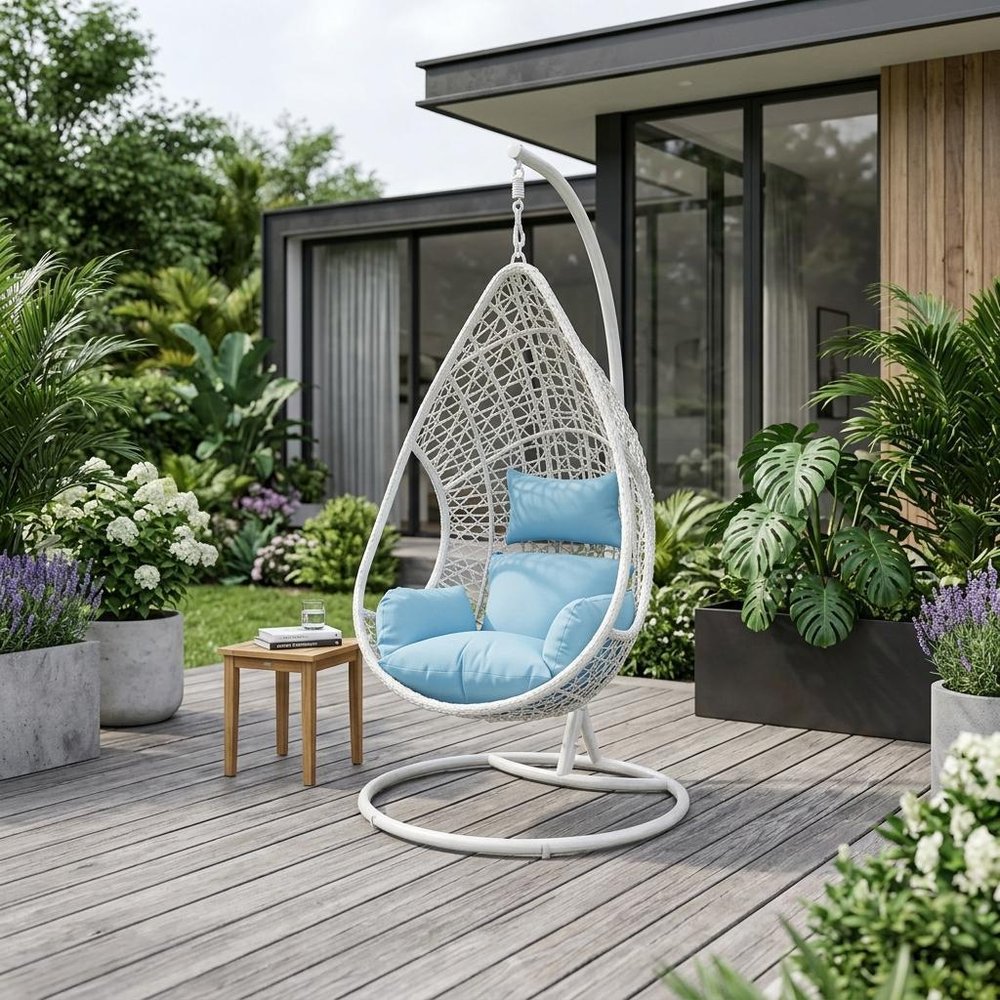 Blue and Steel Stand Finished Metal Outdoor Swing Chair with Blue Cushion