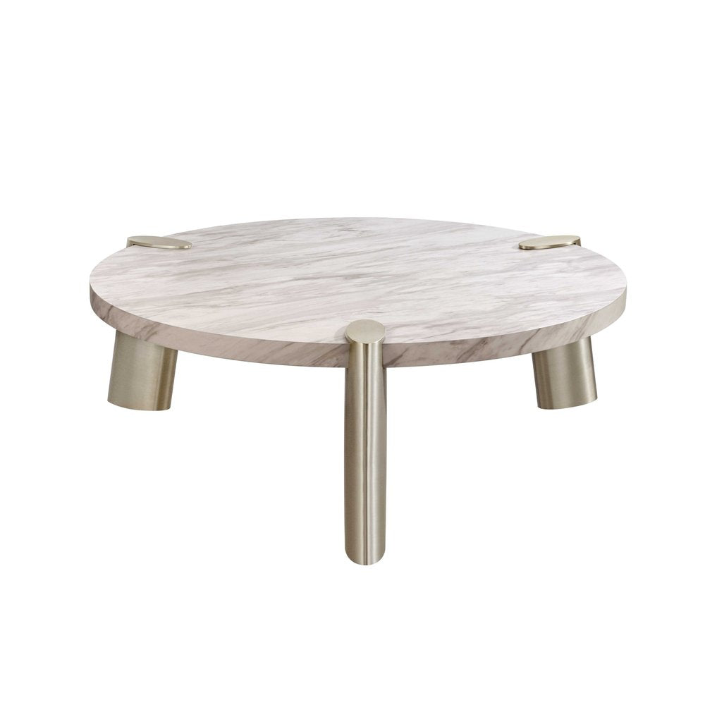 White and Silver Marble and Stainless Steel Round Coffee Table