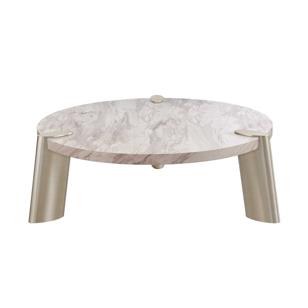 White and Silver Marble and Stainless Steel Round Coffee Table