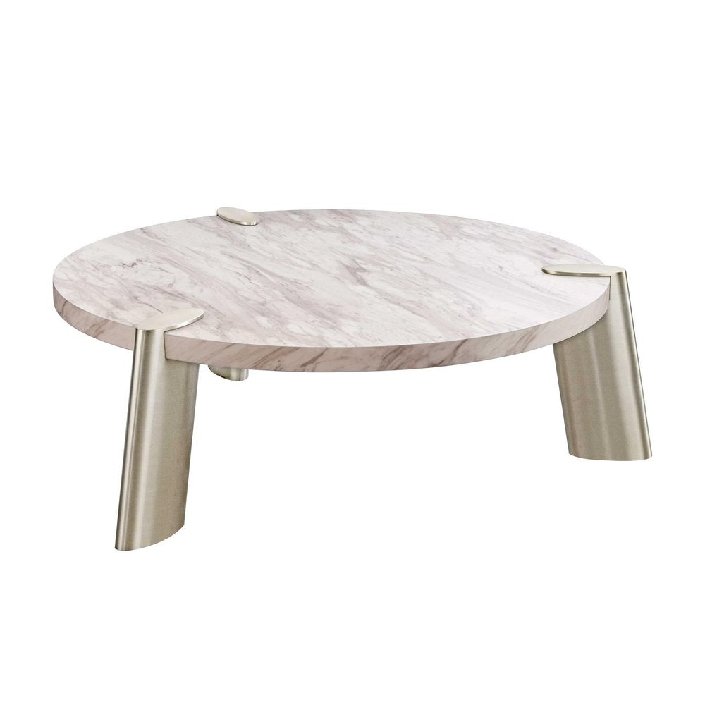 White and Silver Marble and Stainless Steel Round Coffee Table