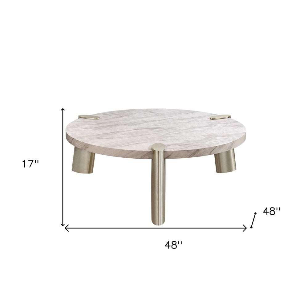White and Silver Marble and Stainless Steel Round Coffee Table