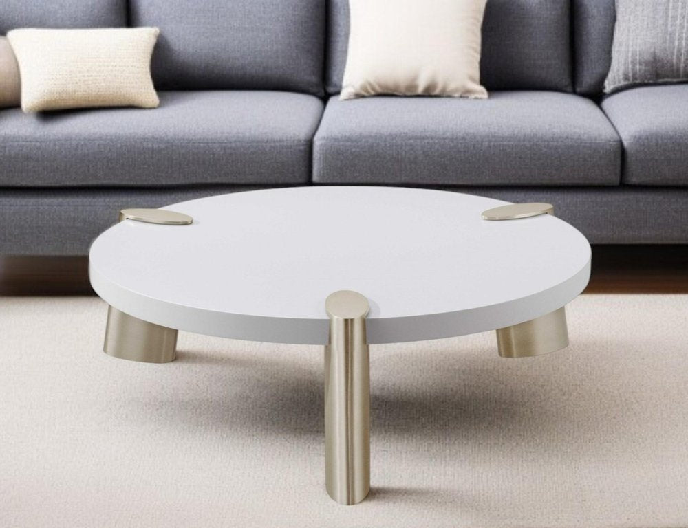 White and Gold Stainless Steel Round Coffee Table - 40-inch
