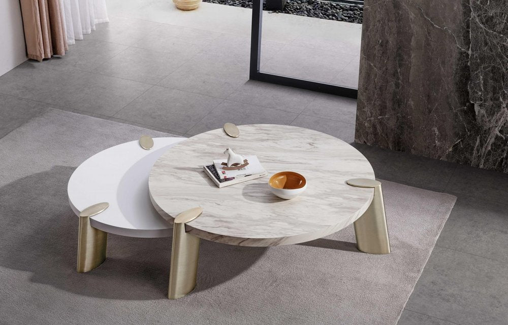 White and Gold Stainless Steel Round Coffee Table - 40-inch