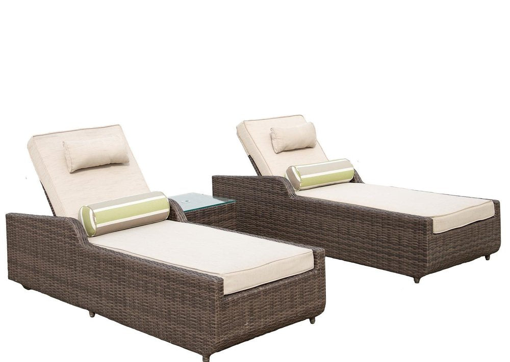 Set of Two Brown Indoor Outdoor Chaise Lounge with Beige Cushion