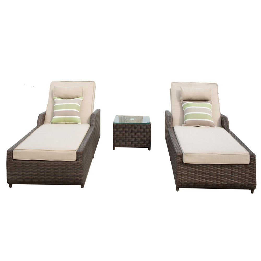 Set of Two Brown Indoor Outdoor Chaise Lounge with Beige Cushion