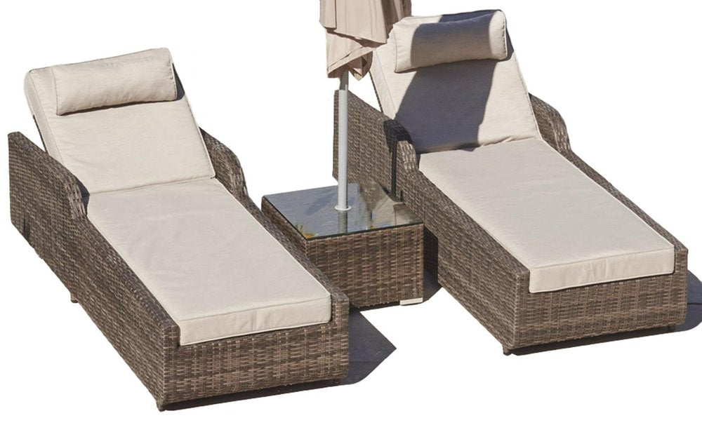 Set of Two Brown Indoor Outdoor Chaise Lounge with Beige Cushion