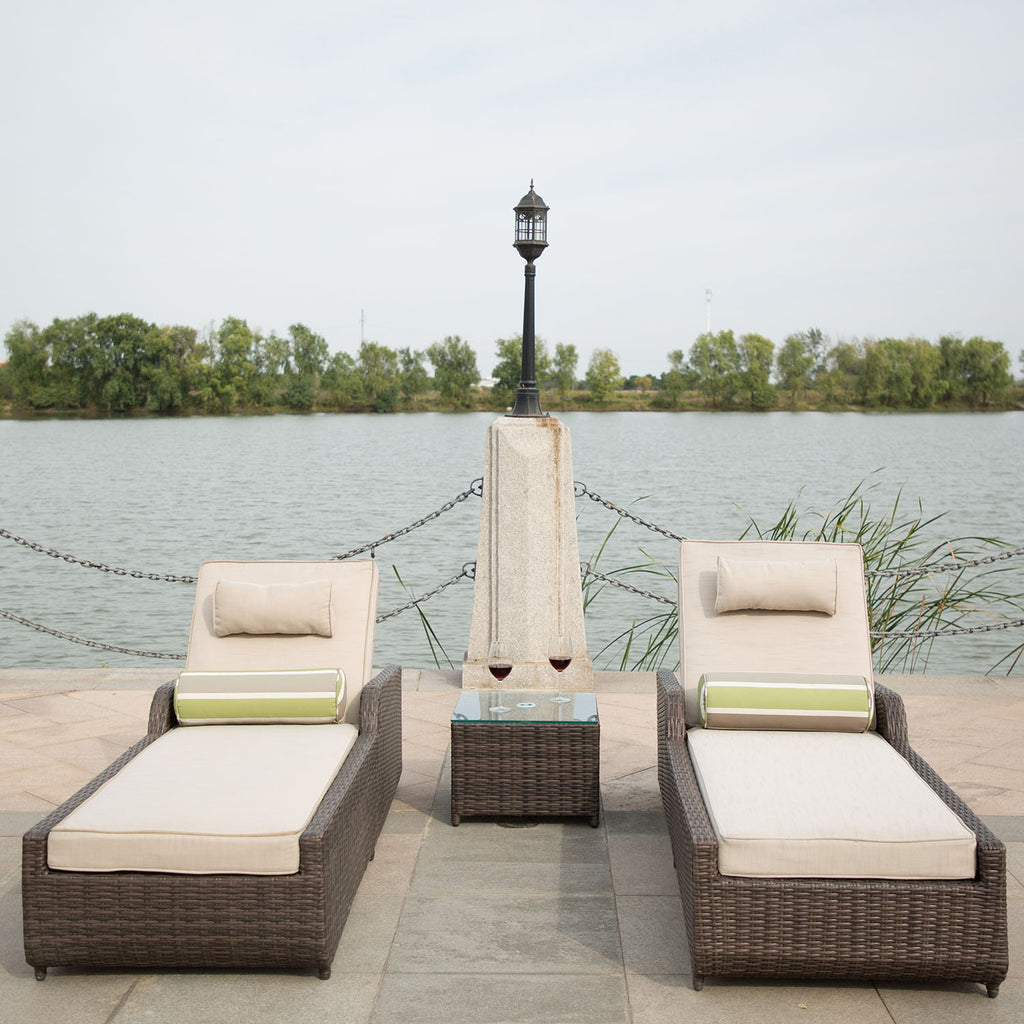 Set of Two Brown Indoor Outdoor Chaise Lounge with Beige Cushion