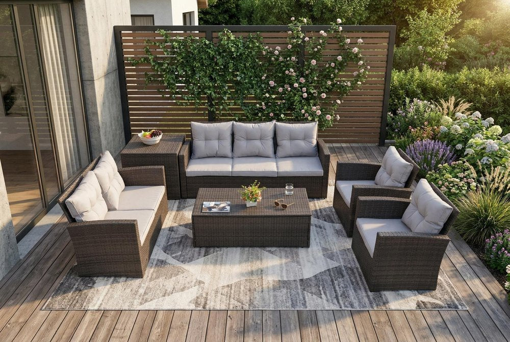 Six Piece Outdoor Brown Metal Sofa Seating Group with Cushions