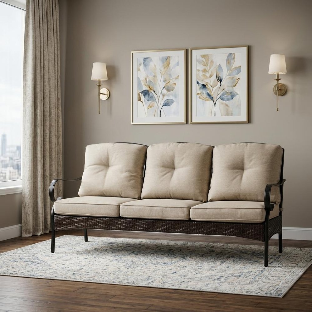 Beige Polyester Blend Settee with Black Legs - 69-inch