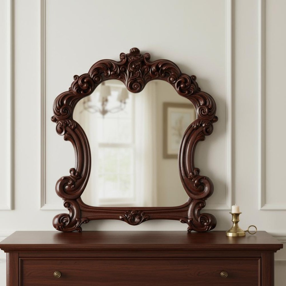 Brown Crowned Top Solid Wood Framed Mounted Dresser Mirror - 45-inch